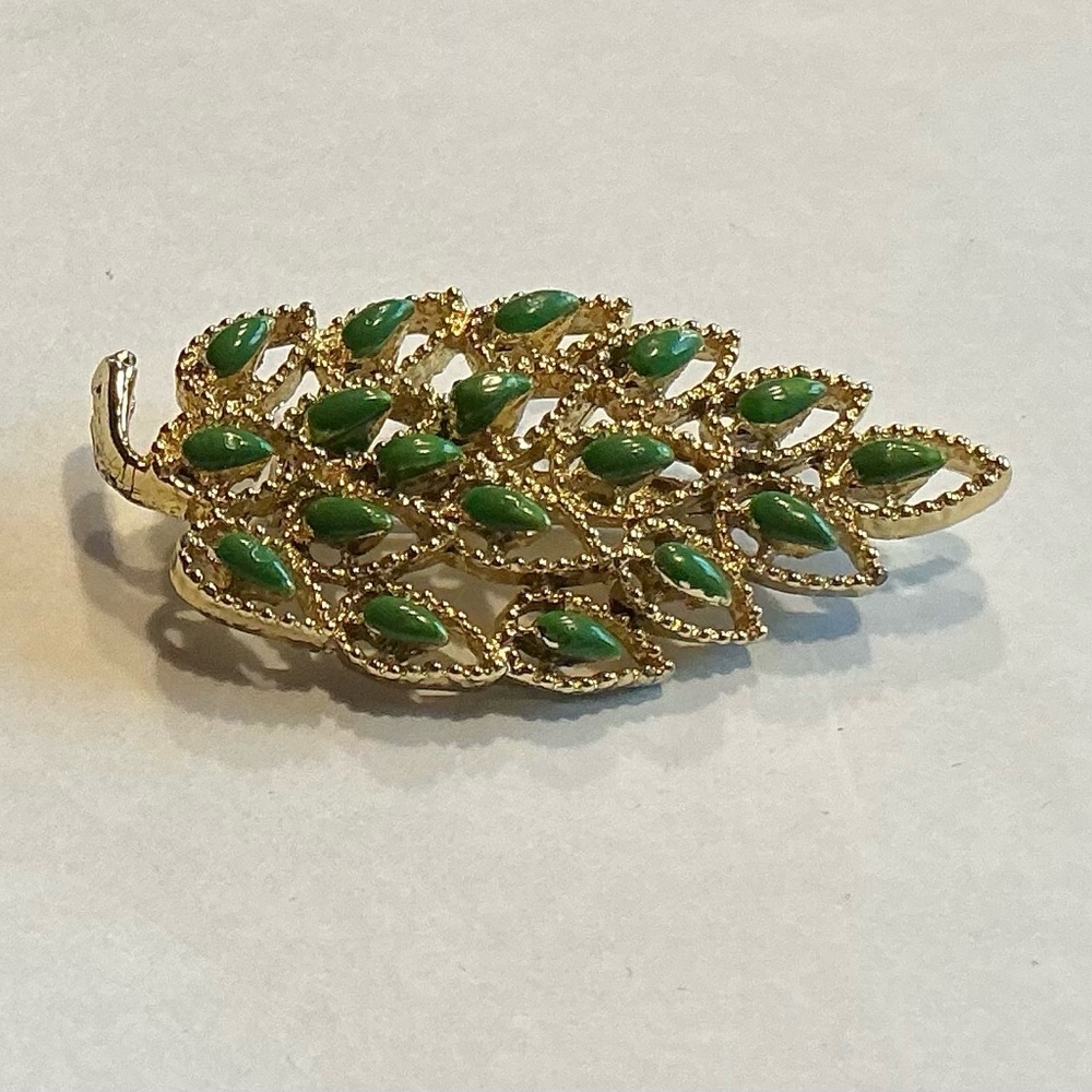 Vintage Gerry’s Gold and Green Enamel Leaf Brooch